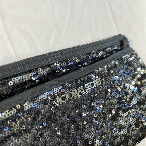 Victoria’s Secret Black/Silver Sequin 2-Compartment Make Up Bag - Picture 2 of 5